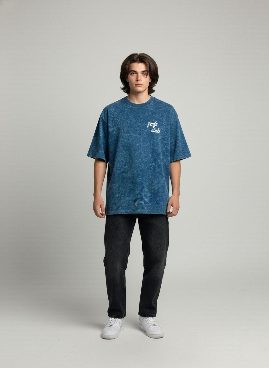 Blue Acid Wash Drop Shoulder Oversized T-Shirt – Faded Oleb Streetwear Style