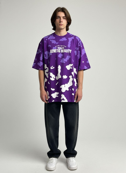 Unisex Purple Oversized Drop Shoulder T-Shirt – Cozy & Soft Casual Tee | Genetic Reality Camouflage Design