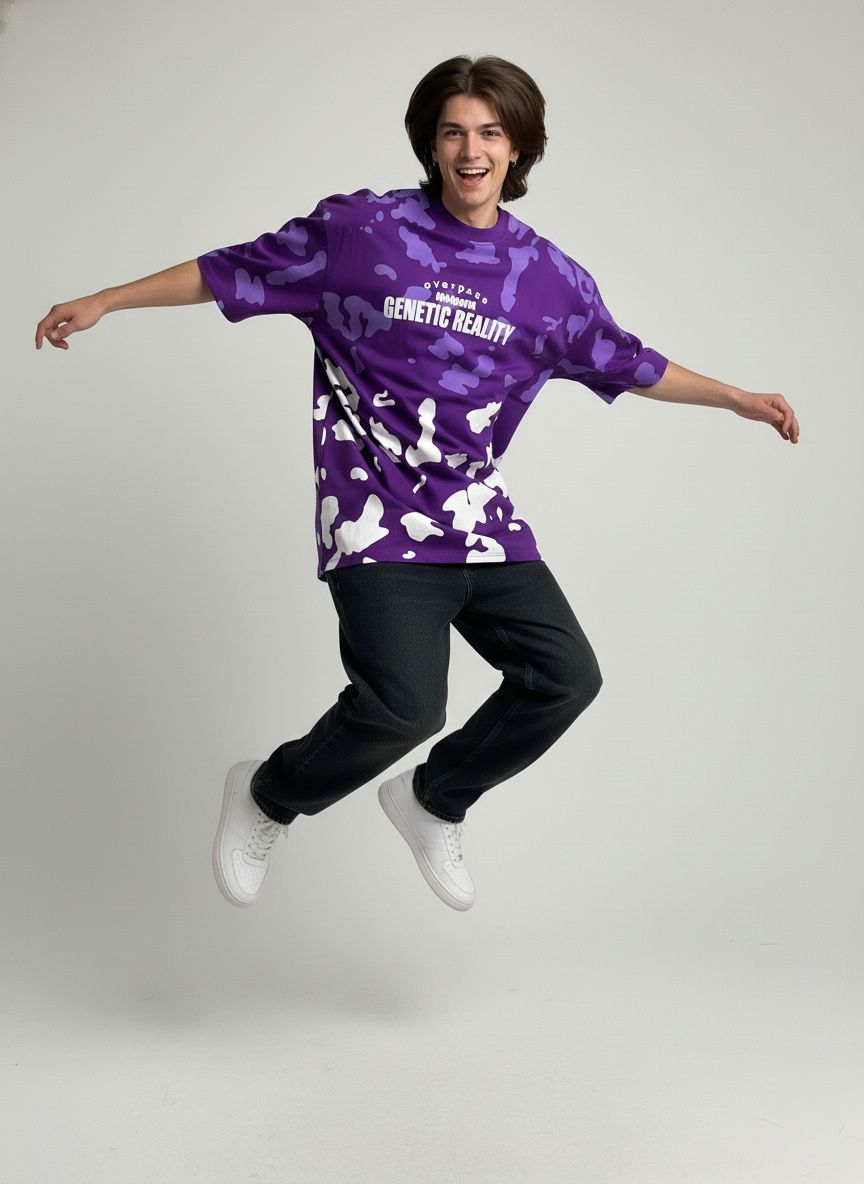 Unisex Purple Oversized Drop Shoulder T-Shirt – Cozy & Soft Casual Tee | Genetic Reality Camouflage Design