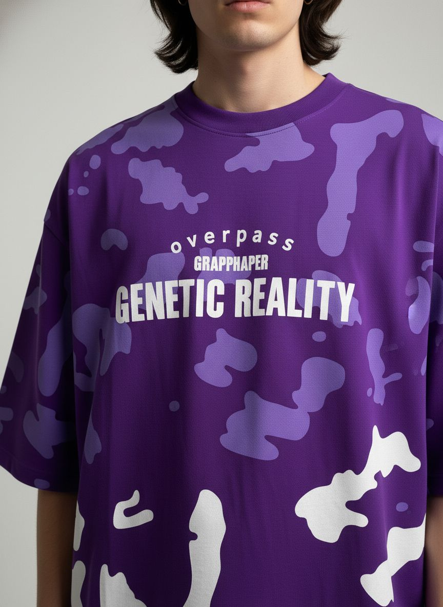 Unisex Purple Oversized Drop Shoulder T-Shirt – Cozy & Soft Casual Tee | Genetic Reality Camouflage Design