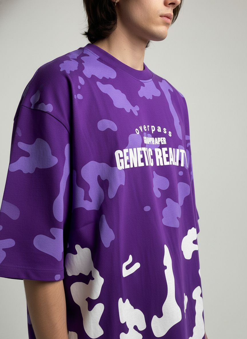 Unisex Purple Oversized Drop Shoulder T-Shirt – Cozy & Soft Casual Tee | Genetic Reality Camouflage Design